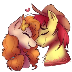 Size: 1840x1827 | Tagged: safe, artist:squeeesh, derpibooru import, bright mac, pear butter, earth pony, pony, the perfect pear, boop, brightbutter, chest fluff, cute, ear fluff, eyes closed, female, flower, flower in hair, fluffy, heart, male, mare, noseboop, pearabetes, profile, shipping, simple background, smiling, stallion, straight, transparent background
