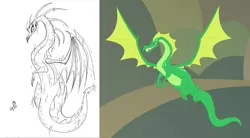 Size: 1057x585 | Tagged: artist:lauren faust, behind the scenes, campfire tales, comparison, concept art, cropped, derpibooru import, dragon, dragoness, female, lineart, safe, screencap, sketch, spoiler, spread wings, twilight sparkle, what could have been, wings