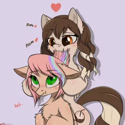 Size: 2000x2000 | Tagged: safe, artist:orang111, derpibooru import, oc, oc:coconut milk, oc:sweet skies, unofficial characters only, pegasus, pony, biting, hair bite, shipping, wavy mouth