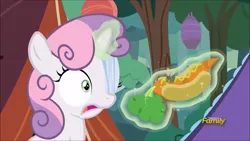 Size: 1920x1080 | Tagged: safe, derpibooru import, screencap, sweetie belle, fly-der, pony, campfire tales, carrot, carrot dog, discovery family logo, food, magic, solo, telekinesis, tent