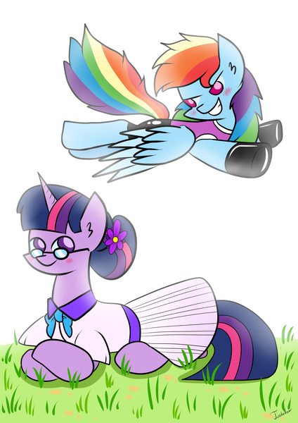 Size: 2480x3507 | Tagged: safe, artist:twidasher, derpibooru import, rainbow dash, twilight sparkle, pony, blushing, clothes, female, flower, flower in hair, flying, glasses, grass, hair bun, lesbian, shipping, skirt, twidash