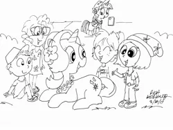 Size: 2592x1944 | Tagged: safe, artist:newportmuse, derpibooru import, starlight glimmer, twilight sparkle, twilight sparkle (alicorn), alicorn, human, pony, unicorn, beanie, chatting, clothes, flowernecklace, hat, hawaii, hawaiian flower in hair, monochrome, sitting, traditional art