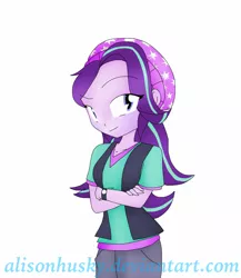 Size: 946x1091 | Tagged: safe, artist:alisonhusky, derpibooru import, starlight glimmer, equestria girls, beanie, crossed arms, hat, looking at you, no more ponies at source, simple background, solo, watch, watermark, white background