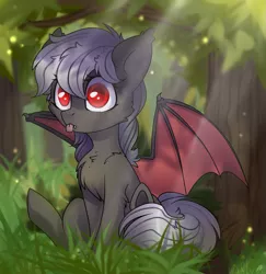 Size: 1745x1797 | Tagged: safe, artist:starlyflygallery, derpibooru import, oc, oc:dusty fang, unofficial characters only, bat pony, pony, :p, chest fluff, crepuscular rays, female, forest, mare, silly, sitting, solo, tongue out, tree