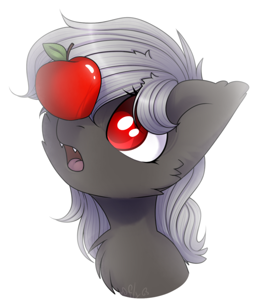 Size: 1573x1841 | Tagged: safe, artist:starlyflygallery, derpibooru import, oc, oc:dusty fang, unofficial characters only, bat pony, pony, apple, bust, cute, female, fluffy, food, mare, pleading, portrait, simple background, solo, transparent background