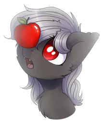 Size: 1573x1841 | Tagged: safe, artist:starlyflygallery, derpibooru import, oc, oc:dusty fang, unofficial characters only, bat pony, pony, apple, bust, cute, female, fluffy, food, mare, pleading, portrait, simple background, solo, transparent background