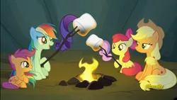 Size: 802x453 | Tagged: semi-grimdark, artist:toonbat, derpibooru import, edit, edited screencap, screencap, apple bloom, applejack, rainbow dash, rarity, scootaloo, sweetie belle, pony, campfire tales, betrayal, cutie mark crusaders, food, implied cannibalism, marshmallow, murder, rarity is a marshmallow, sweetie belle is a marshmallow too