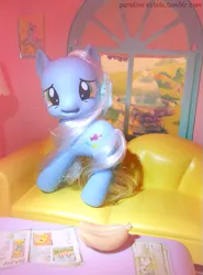 Size: 427x576 | Tagged: artist:conphettey, banana, bootleg, concerned, concerned pony, couch, derpibooru import, food, g1, indoors, interior, irl, paradise estate, photo, safe, table, toy