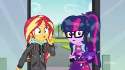 Size: 1280x720 | Tagged: safe, derpibooru import, screencap, sci-twi, sunset shimmer, twilight sparkle, eqg summertime shorts, equestria girls, monday blues, backpack, clothes, geode of telekinesis, glasses, magical geodes, open mouth, umbrella, wet, wet hair