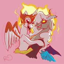 Size: 3000x3000 | Tagged: alicorn, artist:riquis101, artist:tacosdenopal, daybreaker, derpibooru import, disbreaker, discord, draconequus, eris, female, fire, half r63 shipping, hug, lesbian, looking at each other, male, mane of fire, mare, pink background, rule 63, safe, shipping, simple background, smiling