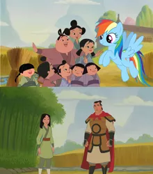 Size: 3294x3741 | Tagged: artist:conthauberger, crossover, crossover shipping, derpibooru import, disney, disney princess, lesson number 1, li shang, mulan, rainbow dash, safe, shipping