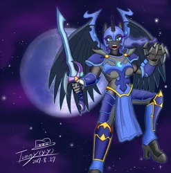 Size: 5807x5881 | Tagged: absurd resolution, alicorn, anthro, armor, artist:cvkt500, badass, breasts, claws, derpibooru import, fangs, female, full moon, looking at you, mare, moon, night, nightmare moon, open mouth, plantigrade anthro, safe, solo, stars, sword, weapon