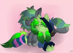 Size: 3064x2214 | Tagged: safe, artist:robiinart, derpibooru import, oc, oc:bitter pill, oc:razzle, unofficial characters only, earth pony, pony, unicorn, bizzle, clothes, cuddling, cute, eyes closed, female, glasses, hoodie, male, mare, smiling, snuggling, socks, stallion, striped socks, sweater