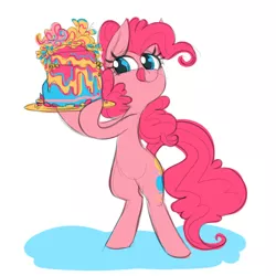 Size: 600x600 | Tagged: safe, artist:ponygoggles, derpibooru import, pinkie pie, earth pony, pony, bipedal, cake, female, food, licking, licking lips, looking at something, mare, solo, tongue out