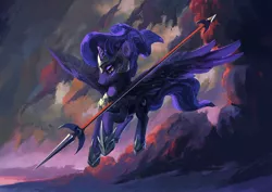 Size: 4961x3508 | Tagged: safe, artist:hunternif, derpibooru import, princess luna, pony, absurd resolution, armor, female, mare, solo, spear, warrior luna, weapon