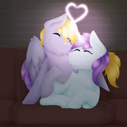 Size: 2000x2000 | Tagged: safe, artist:flashbrush, deleted from derpibooru, derpibooru import, crackle pop, liza doolots, petunia, tootsie flute, pony, colt, couch, cuddling, cute, female, filly, foal romance, heart, magic, male, shipping, straight, tootsiepop