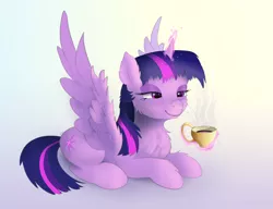 Size: 1758x1347 | Tagged: safe, artist:xbi, derpibooru import, twilight sparkle, twilight sparkle (alicorn), alicorn, pony, coffee, coffee cup, coffee mug, cup, female, glowing horn, magic, mare, morning ponies, mug, sleepy, solo, spread wings, telekinesis, wings