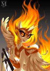 Size: 900x1273 | Tagged: safe, artist:margony, derpibooru import, daybreaker, alicorn, pony, a royal problem, female, fire, helmet, looking at you, majestic, mane of fire, mare, open mouth, smiling, solo