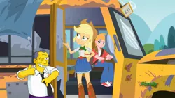 Size: 960x540 | Tagged: safe, derpibooru import, edit, edited screencap, screencap, applejack, big macintosh, eqg summertime shorts, equestria girls, get the show on the road, broken, bus, geode of super strength, gil gunderson, magical geodes, parody, simpsons did it, the rainbooms tour bus, the simpsons