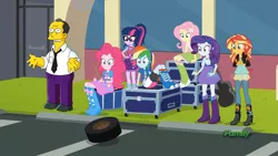 Size: 960x540 | Tagged: safe, derpibooru import, edit, edited screencap, screencap, fluttershy, pinkie pie, rainbow dash, rarity, sunset shimmer, twilight sparkle, eqg summertime shorts, equestria girls, get the show on the road, gil gunderson, parody, simpsons did it, the simpsons
