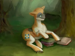 Size: 2000x1500 | Tagged: safe, artist:hellys, derpibooru import, oc, oc:kiva, unofficial characters only, pony, robot, robot pony, book, female, forest, reading, solo