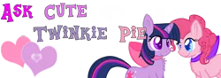 Size: 1000x350 | Tagged: safe, artist:justagirlonline, derpibooru import, pinkie pie, twilight sparkle, pony, ask cute twinkie pie, female, lesbian, neck bow, shipping, twinkie