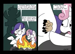 Size: 2439x1742 | Tagged: safe, artist:bobthedalek, derpibooru import, rarity, sweetie belle, twilight sparkle, pony, shadow pony, unicorn, campfire tales, ballerina, campfire, comic, duo, hand, new cutie mark, shadow, shadow puppets, tutu, twilarina