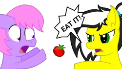 Size: 1920x1080 | Tagged: safe, artist:toyminator900, derpibooru import, oc, oc:melody notes, oc:uppercute, unofficial characters only, pony, duo, food, scared, simple background, throwing, tomato, transparent background, yelling