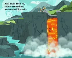 Size: 900x720 | Tagged: safe, derpibooru import, edit, edited screencap, screencap, rockhoof, earth pony, pony, campfire tales, cliff, cropped, lava, lavafall, male, pun, stallion, steam, text, water