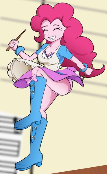 Size: 832x1351 | Tagged: safe, artist:ohohokapi, deleted from derpibooru, derpibooru import, pinkie pie, eqg summertime shorts, equestria girls, the art of friendship, accidental exposure, apron, beautiful, blouse, boots, bow, breasts, busty pinkie pie, cleavage, clothes, cute, diapinkes, high heel boots, legs, panties, pink underwear, redraw, scene interpretation, shirt, shoes, skirt, skirt flip, skirt lift, smiling, thighs, underwear, upskirt, woman