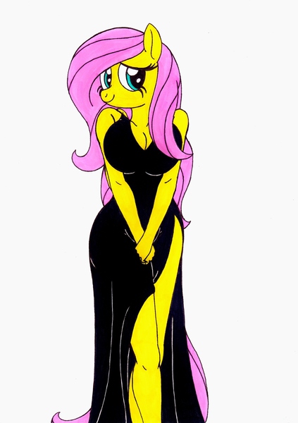 Size: 2461x3489 | Tagged: adorasexy, alternate hairstyle, anthro, artist:killerteddybear94, big breasts, breasts, busty fluttershy, cleavage, clothes, cute, derpibooru import, dress, female, fluttershy, little black dress, looking at you, safe, sexy, shy, shyabetes, side slit, simple background, smiling, white background