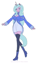 Size: 1899x3177 | Tagged: artist:pyrus-leonidas, clothes, derpibooru import, eared humanization, female, horned humanization, human, humanized, idw, open mouth, pony coloring, radiant hope, safe, simple background, solo, tailed humanization, transparent background