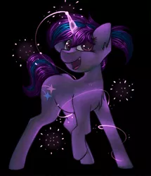 Size: 1760x2049 | Tagged: safe, artist:marsminer, derpibooru import, oc, oc:lavender sundown, unofficial characters only, pony, unicorn, black background, chest fluff, female, glowing horn, magic, simple background, smiling, solo