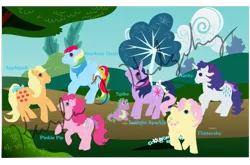 Size: 1024x675 | Tagged: applejack, artist:kaylathehedgehog, derpibooru import, dragon, fluttershy, g1, g4 to g1, generation leap, mane seven, mane six, pinkie pie, rainbow dash, rarity, safe, spike, twilight sparkle