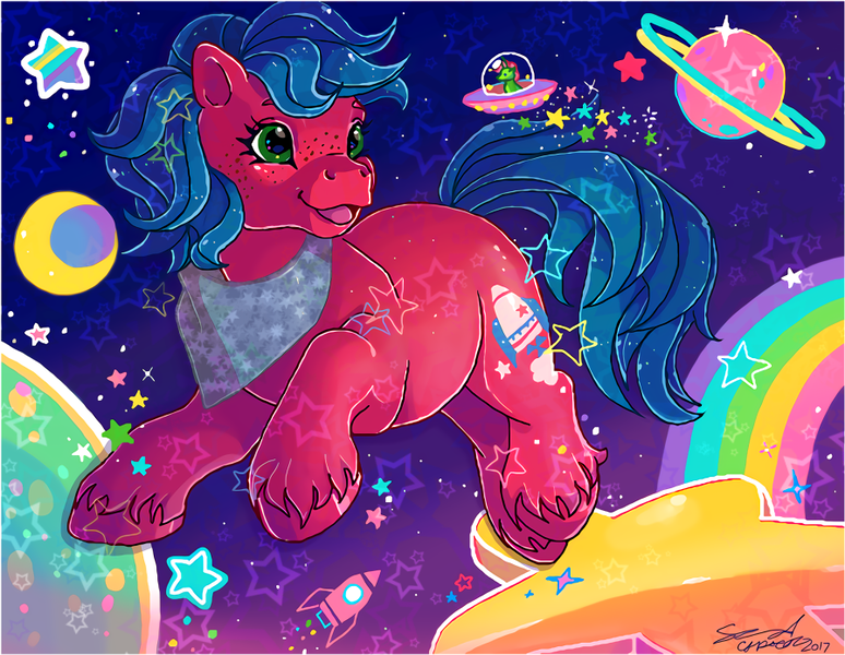 Size: 896x695 | Tagged: alien pony, artist:conphettey, baby countdown, crescent moon, derpibooru import, g1, moon, planet, safe, solo, space, spaceship, stars, ufo