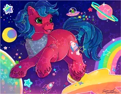 Size: 896x695 | Tagged: alien pony, artist:conphettey, baby countdown, crescent moon, derpibooru import, g1, moon, planet, safe, solo, space, spaceship, stars, ufo