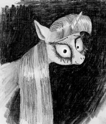 Size: 781x910 | Tagged: semi-grimdark, artist:t72b, derpibooru import, twilight sparkle, pony, bust, creepy, creepy smile, crying, faic, grayscale, looking at you, monochrome, newbie artist training grounds, nightmare fuel, ow the edge, portrait, smiling, solo, traditional art, twilight snapple