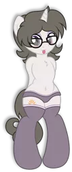 Size: 2575x6092 | Tagged: suggestive, artist:digiqrow, deleted from derpibooru, derpibooru import, oc, oc:solaria, unofficial characters only, pony, semi-anthro, unicorn, belly button, blushing, chest fluff, clothes, female, glasses, panties, simple background, solo, solo female, stockings, thigh highs, tongue out, transparent background, underwear