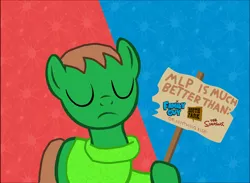 Size: 1052x768 | Tagged: safe, derpibooru import, oc, oc:ian, unofficial characters only, earth pony, pony, base used, clothes, eyes closed, family guy, frown, hoof hold, male, opinion, protest, sign, south park, sweater, the simpsons, wat