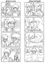 Size: 1279x1796 | Tagged: 4koma, abuse, alicorn, artist:jonfawkes, bed, blushing, breasts, busty nightmare rarity, comic, derpibooru import, dialogue, dragon lord ember, dream, emberity, female, horned humanization, human, humanized, kissing, lesbian, looking at you, monochrome, nightmare rarity, older, older spike, pillow, princess ember, rarity, series:nightmare war, shipping, slap, smiling, speech bubble, spike, spikeabuse, suggestive, twilight sparkle, twilight sparkle (alicorn)