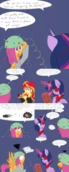 Size: 1600x4000 | Tagged: safe, artist:jake heritagu, derpibooru import, scootaloo, sunset shimmer, twilight sparkle, twilight sparkle (alicorn), oc, oc:hades, oc:lightning blitz, alicorn, pegasus, pony, comic:ask motherly scootaloo, aura, baby, baby pony, blue background, clipboard, clothes, colt, comic, equestria girls outfit, eyepatch, holding a pony, male, motherly scootaloo, offspring, older, older scootaloo, parent:rain catcher, parent:scootaloo, parents:catcherloo, pointy ponies, quill, ring, simple background, spread wings, sweatshirt, wedding ring, wings