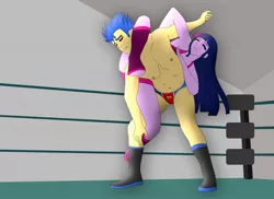 Size: 1600x1163 | Tagged: suggestive, artist:supermaxx92, derpibooru import, flash sentry, twilight sparkle, equestria girls, bikini, clothes, female, fight, flashlight, male, outfit, shipping, speedo, straight, swimsuit, wrestler, wrestling, wrestling ring