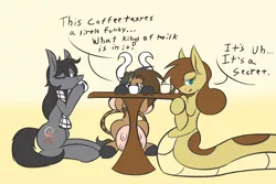 Size: 2362x1582 | Tagged: artist:metalaura, coffee, cow, derpibooru import, dialogue, horns, lamia, oc, oc:daisy mayze, oc:hissyfit, oc:somber solace, original species, safe, snake, snake pony, table, udder, unofficial characters only