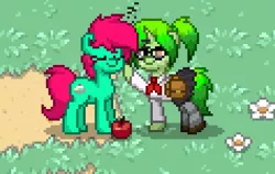 Size: 949x600 | Tagged: safe, derpibooru import, oc, oc:bitter pill, oc:minty split, unofficial characters only, pony, pony town, boop, clothes, cute, dirt, flower, grass, school uniform, sleeping, z