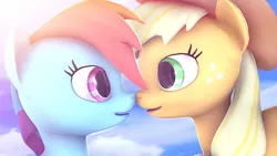 Size: 1200x675 | Tagged: safe, artist:loveslove, derpibooru import, applejack, rainbow dash, pony, 3d, appledash, boop, cute, dashabetes, female, imminent kissing, jackabetes, lesbian, noseboop, shipping, source filmmaker