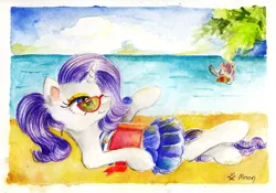 Size: 1024x715 | Tagged: safe, artist:lailyren, artist:moonlight-ki, derpibooru import, rarity, sweetie belle, pony, beach, clothes, sunbathing, sunglasses, swimming, swimsuit, traditional art, watercolor painting, waving