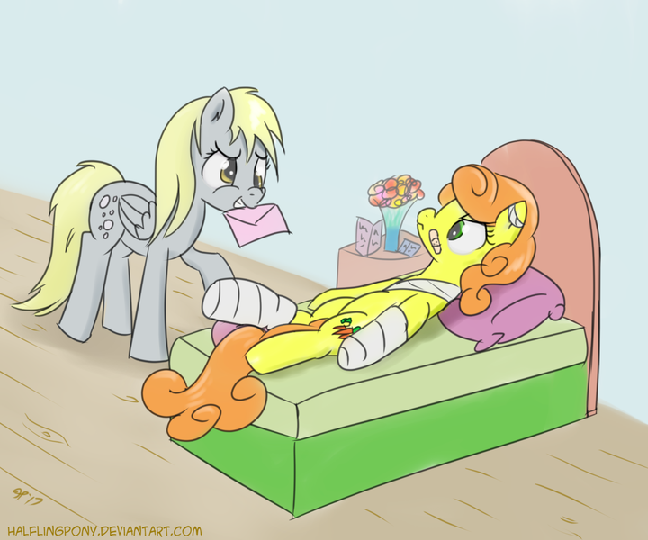 Size: 1280x1067 | Tagged: safe, artist:halflingpony, derpibooru import, carrot top, derpy hooves, golden harvest, earth pony, pegasus, pony, annoyed, atg 2017, bandage, bed, bedroom, bouquet, broken leg, cast, female, get well card, mare, mouth hold, newbie artist training grounds, sheepish grin