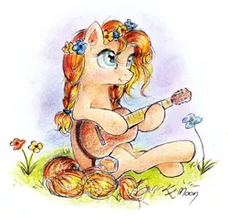 Size: 1024x975 | Tagged: safe, artist:lailyren, artist:moonlight-ki, derpibooru import, pear butter, pony, the perfect pear, floral head wreath, flower, guitar, solo, traditional art