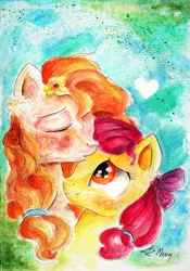 Size: 1024x1460 | Tagged: safe, artist:moonlight-ki, derpibooru import, apple bloom, pear butter, pony, the perfect pear, female, kiss on the head, mother and daughter, nuzzling, signature, traditional art, watercolor painting