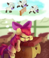 Size: 2000x2359 | Tagged: safe, artist:discorded, derpibooru import, apple bloom, sweetie belle, earth pony, pony, sheep, unicorn, adorabloom, atg 2017, bow, classroom, clothes, costume, counting sheep, cute, desk, dream, female, filly, hair bow, lamb, newbie artist training grounds, open mouth, school, sheepie belle, sleeping, sleeping in class, sleeping while sitting, solo, unshorn fetlocks
